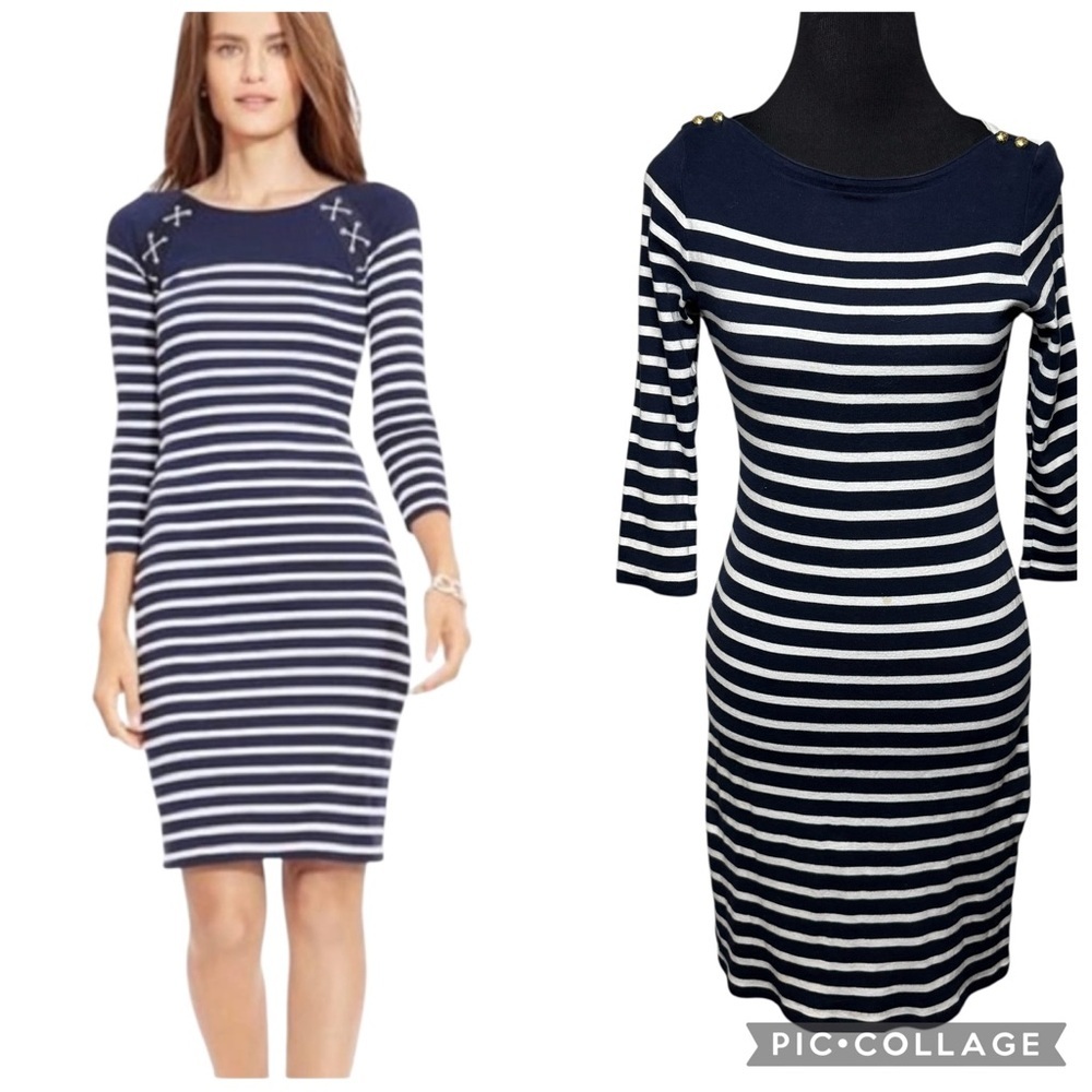 Lauren Ralph Lauren SZ M Navy Nautical White Stripe Dress Coastal Preppy Spring - Picture 1 of 12